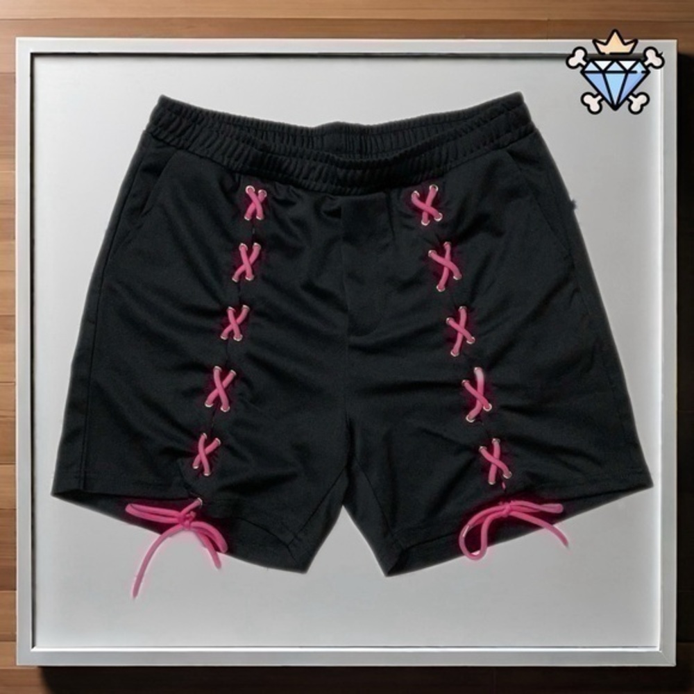 SHEIN MEN PINK STRING TIE DETAIL BLACK SHORTS SIZE MEDIUM FESTIVAL WEAR